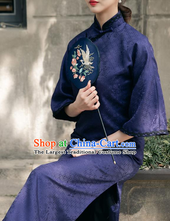 Chinese National Purple Cheongsam Traditional Young Woman Clothing Shanghai Wide Sleeve Qipao Dress