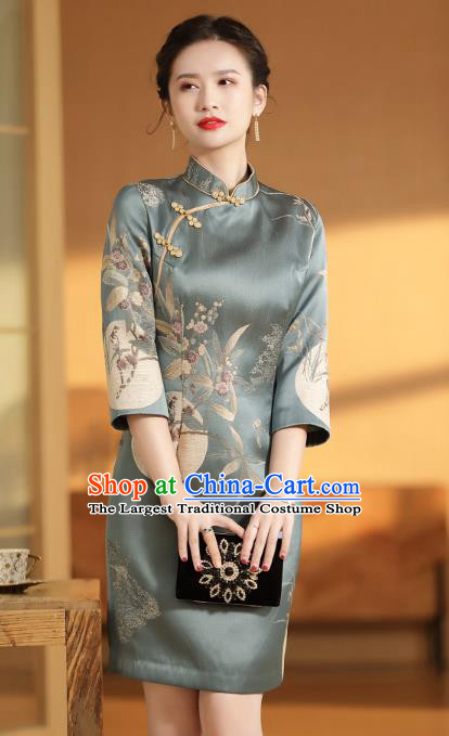 Chinese Classical Plum Blossom Pattern Blue Qipao Dress National Women Clothing Traditional Silk Cheongsam