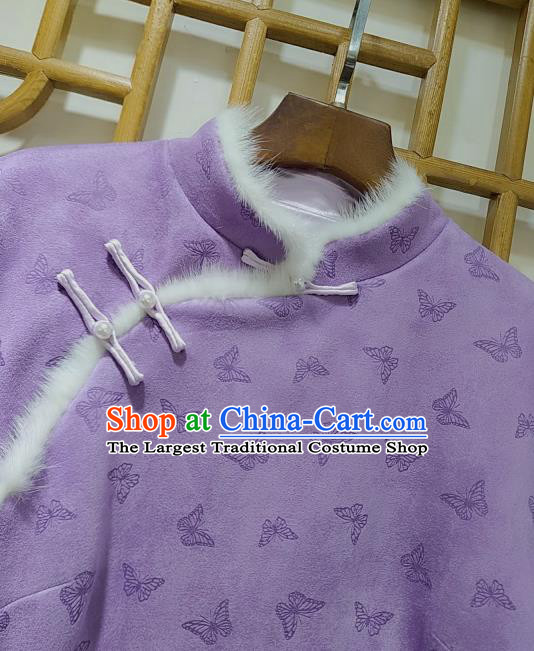 China Woman Classical Butterfly Pattern Lilac Brocade Jacket Traditional Tang Suit Winter Cotton Padded Coat