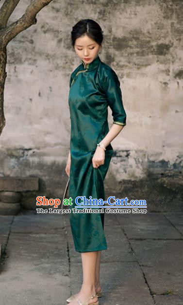 Chinese Classical Deep Green Brocade Qipao Dress National Cheongsam Traditional Shanghai Woman Clothing