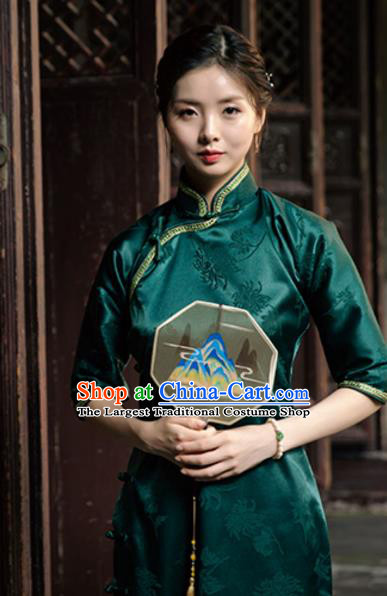 Chinese Classical Deep Green Brocade Qipao Dress National Cheongsam Traditional Shanghai Woman Clothing