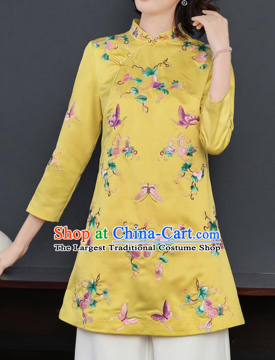 China Winter Woman Embroidered Butterfly Yellow Brocade Jacket Traditional Tang Suit Coat
