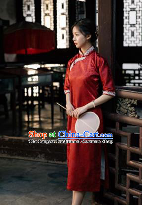 Chinese Traditional Shanghai Beauty Clothing Classical Red Brocade Qipao Dress National Cheongsam