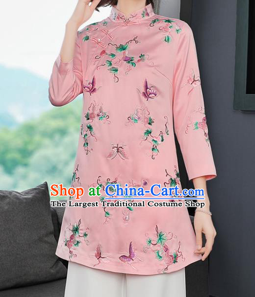 China Traditional Tang Suit Silk Coat Woman Embroidered Butterfly Pink Jacket