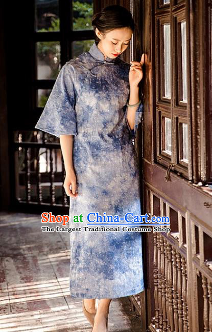 Chinese National Women Cheongsam Traditional Tie Dye Clothing Classical Blue Qipao Dress