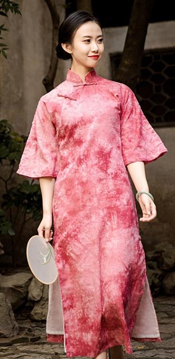 Chinese Classical Pink Qipao Dress National Women Cheongsam Traditional Tie Dye Clothing