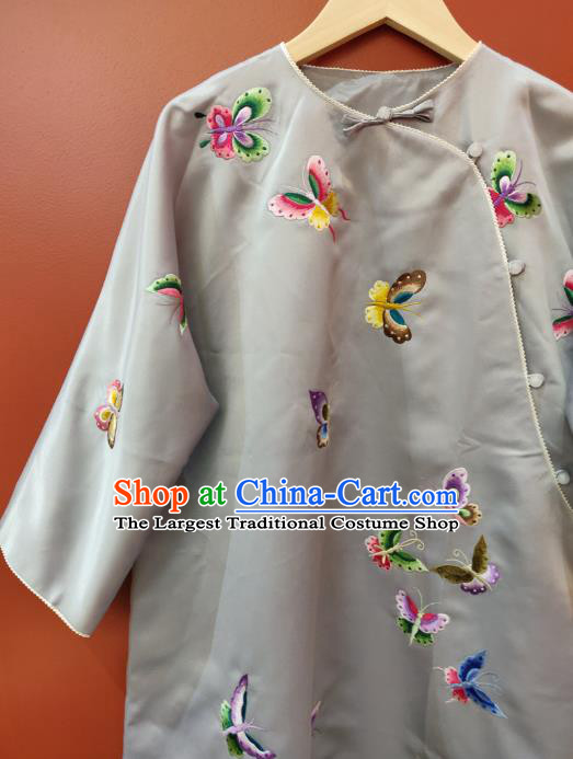Chinese National Women Clothing Traditional Embroidered Butterfly Grey Silk Cheongsam Classical Qipao Dress