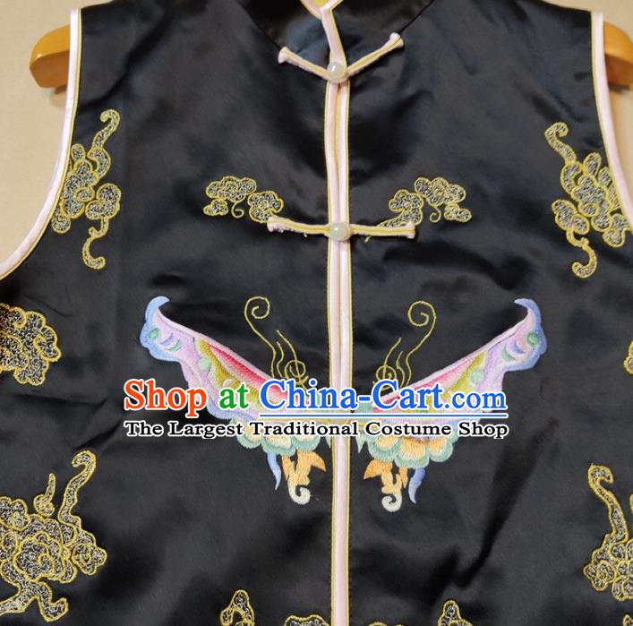 Chinese Tang Suit Waistcoat National Embroidered Butterfly Black Brocade Vest Upper Outer Garment