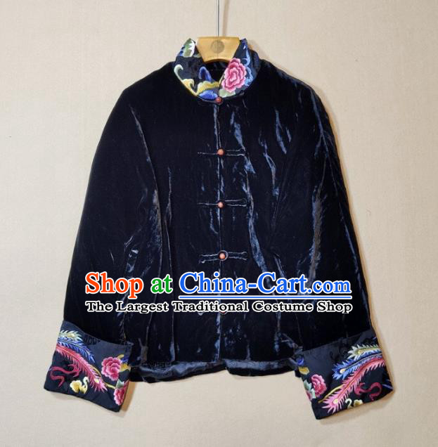 China Traditional Tang Suit Navy Velvet Coat Woman Embroidered Peony Jacket