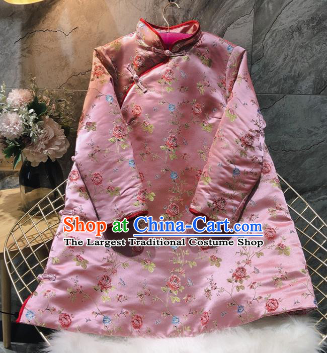 China Woman Classical Rose Pattern Pink Brocade Cotton Padded Jacket Traditional Tang Suit Overcoat