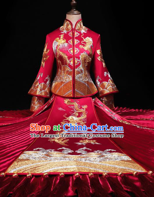 Chinese Traditional Embroidery Dragon Phoenix Red Xiuhe Suit Wedding Toast Outfits Clothing Bride Costumes