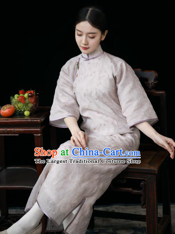 Chinese Traditional Women Embroidered Clothing Classical Lilac Qipao Dress National Wide Sleeve Cheongsam