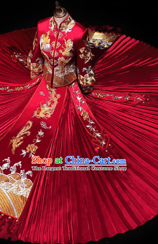 Chinese Traditional Embroidery Dragon Phoenix Red Xiuhe Suit Wedding Toast Outfits Clothing Bride Costumes