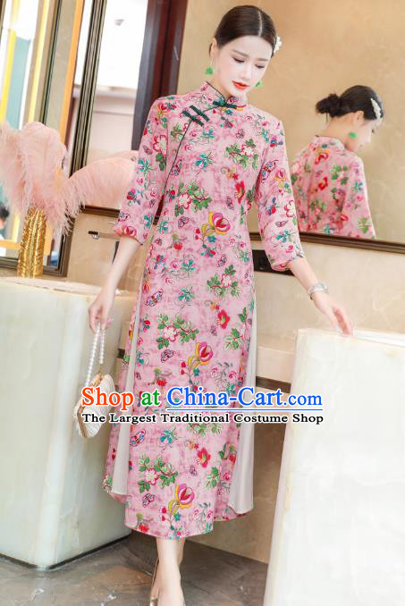 Chinese Classical Qipao Dress National Women Clothing Traditional Printing Flowers Pink Flax Cheongsam