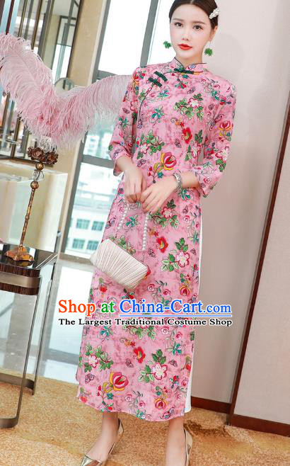 Chinese Classical Qipao Dress National Women Clothing Traditional Printing Flowers Pink Flax Cheongsam