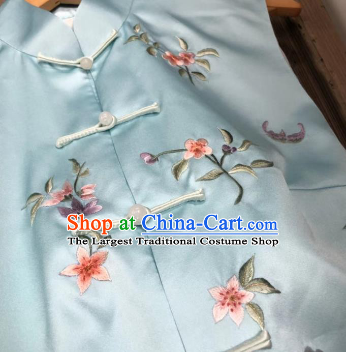 Chinese National Embroidered Blue Silk Vest Upper Outer Garment Tang Suit Waistcoat