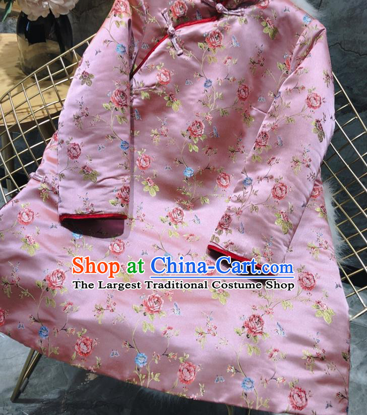 China Woman Classical Rose Pattern Pink Brocade Cotton Padded Jacket Traditional Tang Suit Overcoat