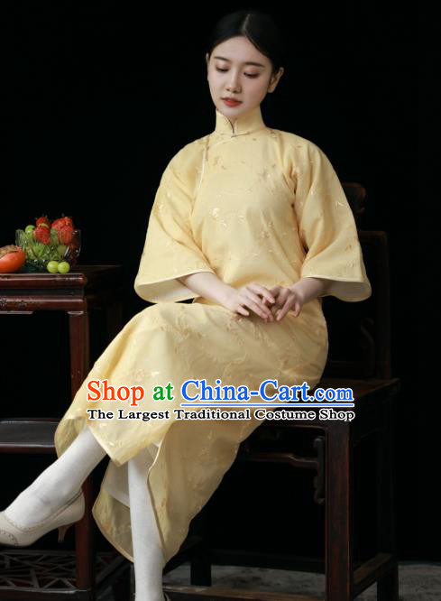Chinese National Women Cheongsam Traditional Embroidered Clothing Classical Light Yellow Qipao Dress