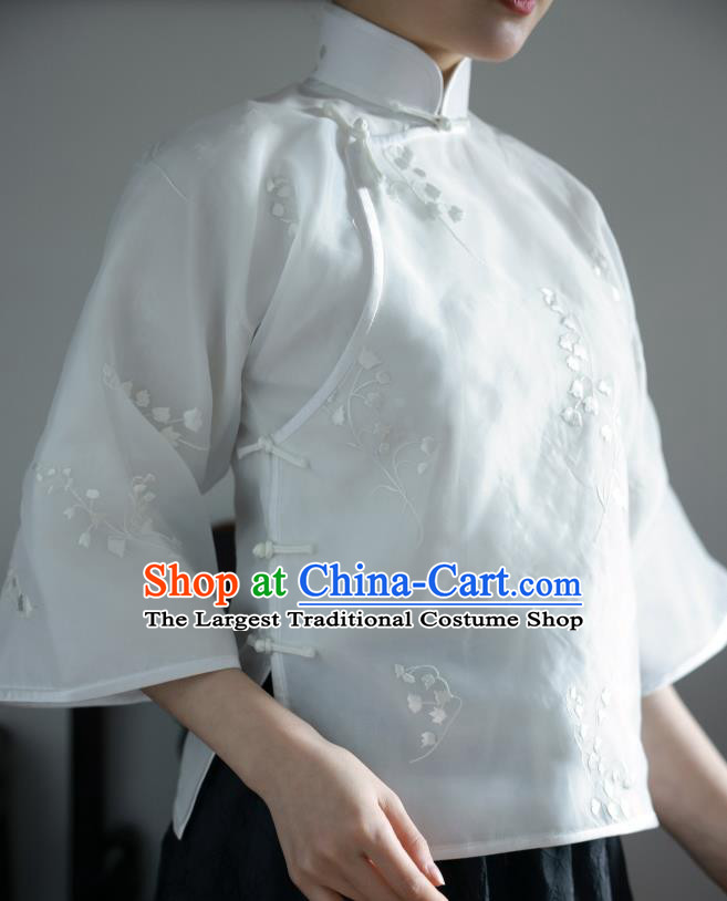 China Classical White Organza Shirt Tang Suit Upper Outer Garment Cheongsam Wide Sleeve Blouse