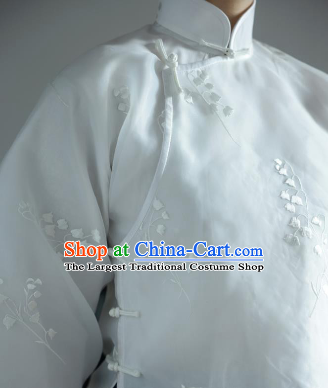 China Classical White Organza Shirt Tang Suit Upper Outer Garment Cheongsam Wide Sleeve Blouse