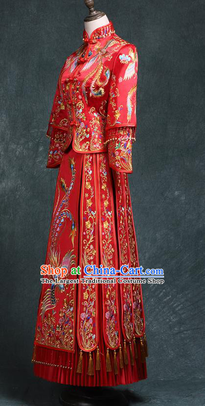 Chinese Traditional Embroidery Phoenix Peony Xiuhe Suit Wedding Toast Red Outfits Clothing Ancient Bride Costumes
