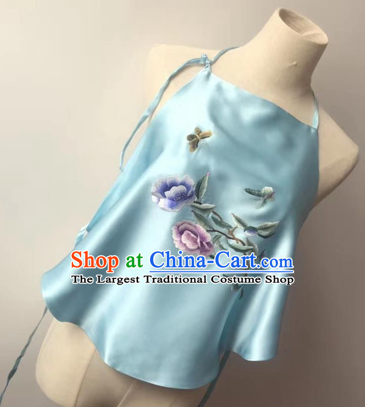 Chinese Tang Suit Silk Undergarment National Women Stomachers Embroidered Peony Light Blue Bellyband