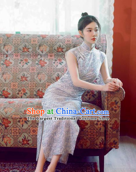 Republic of China National Printing Daisy Qipao Dress Classical Light Blue Cheongsam Young Lady Clothing