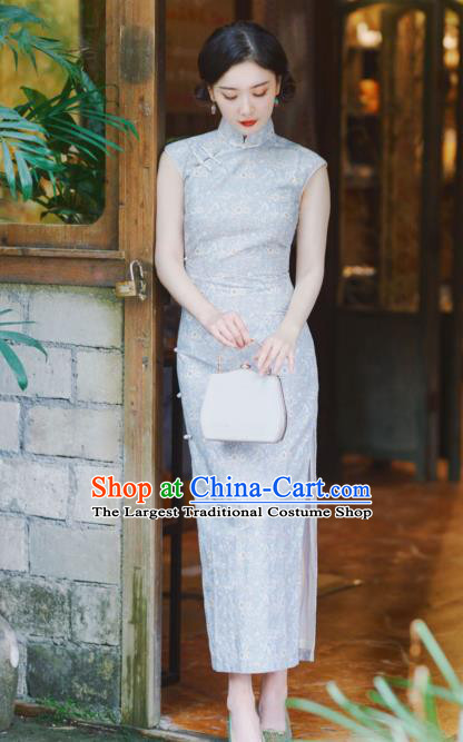 Republic of China National Printing Daisy Qipao Dress Classical Light Blue Cheongsam Young Lady Clothing