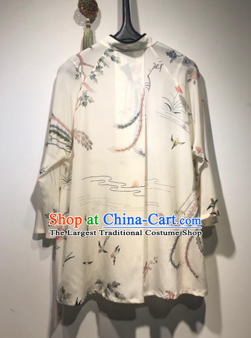 China Traditional Tang Suit White Silk Blouse Woman Printing Phoenix Peony Shirt Upper Outer Garment