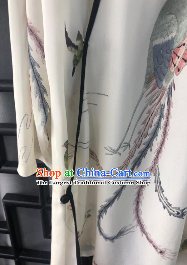 China Traditional Tang Suit White Silk Blouse Woman Printing Phoenix Peony Shirt Upper Outer Garment
