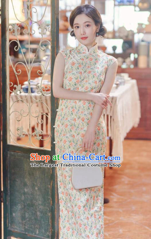 Republic of China Young Beauty Clothing National Printing Galsang Flowers Qipao Dress Classical Light Yellow Cheongsam
