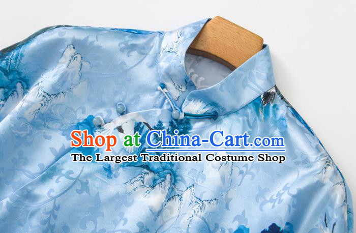 China Woman Printing Crane Blue Silk Shirt Upper Outer Garment Traditional Tang Suit Blouse
