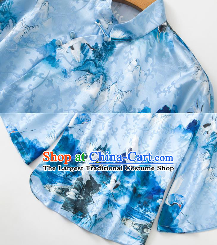 China Woman Printing Crane Blue Silk Shirt Upper Outer Garment Traditional Tang Suit Blouse