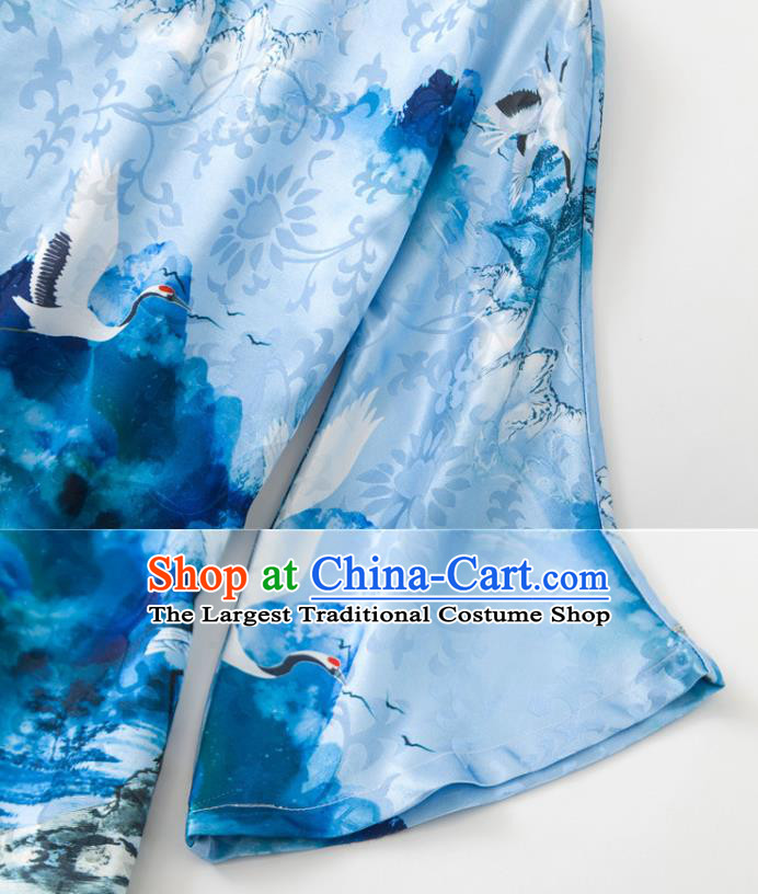 China Woman Printing Crane Blue Silk Shirt Upper Outer Garment Traditional Tang Suit Blouse