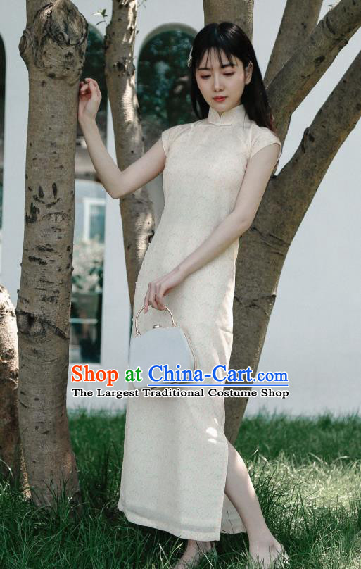 Republic of China Shanghai Beauty Clothing Classical Cheongsam National Beige Crepe Qipao Dress