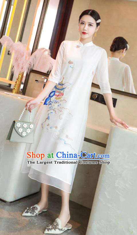 Chinese Traditional Embroidered White Chiffon Cheongsam Classical Qipao Dress National Women Clothing