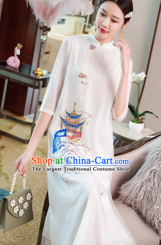 Chinese Traditional Embroidered White Chiffon Cheongsam Classical Qipao Dress National Women Clothing