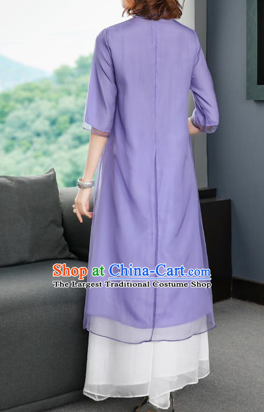Chinese Traditional Embroidered Dragon Purple Chiffon Cheongsam Women Classical Qipao Dress