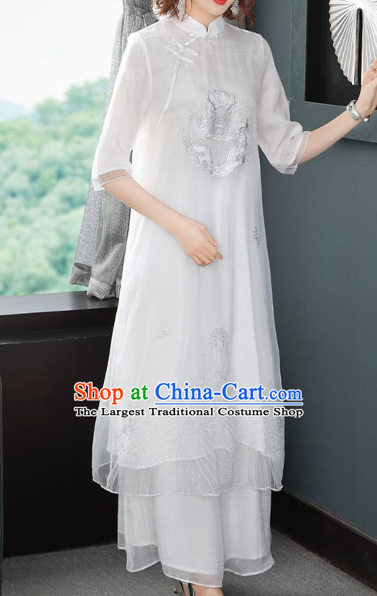 Chinese Women Classical Qipao Dress Traditional Embroidered Dragon White Chiffon Cheongsam