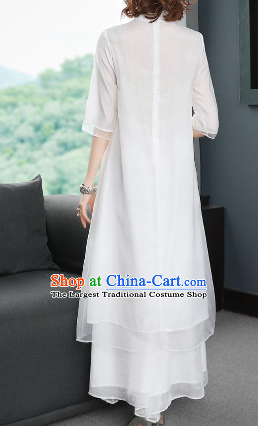 Chinese Women Classical Qipao Dress Traditional Embroidered Dragon White Chiffon Cheongsam