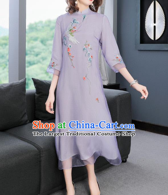 Chinese Women National Classical Qipao Dress Traditional Embroidered Crane Lilac Chiffon Cheongsam