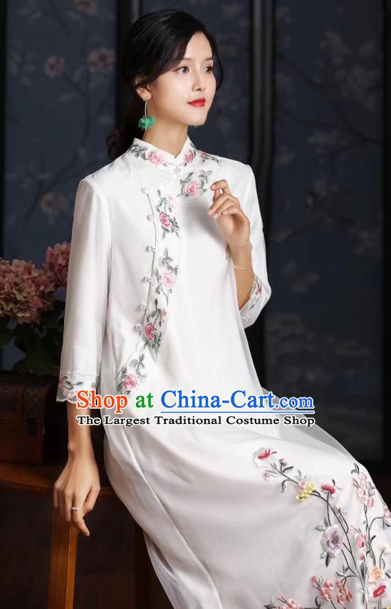 Chinese Traditional Women Cheongsam National Classical Embroidered White Organza Qipao Dress