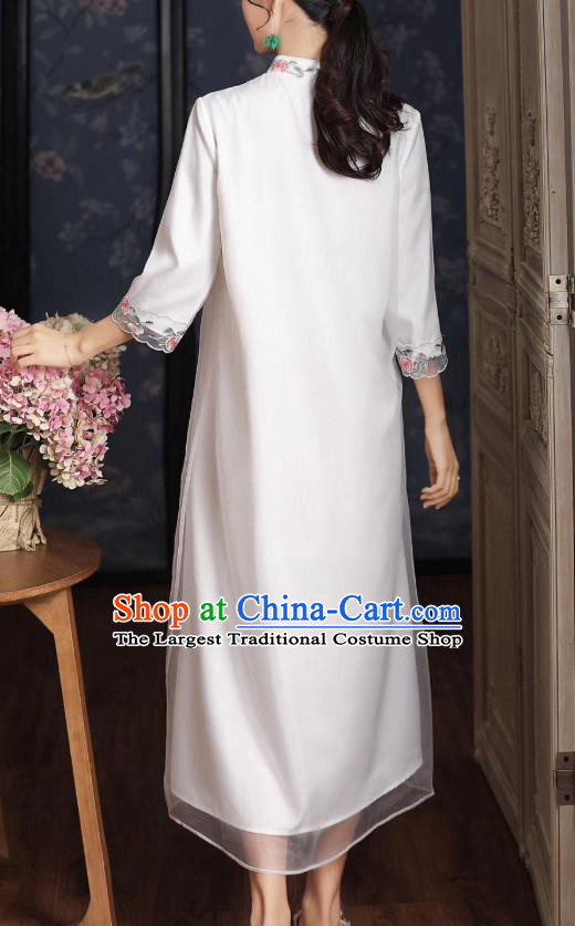 Chinese Traditional Women Cheongsam National Classical Embroidered White Organza Qipao Dress