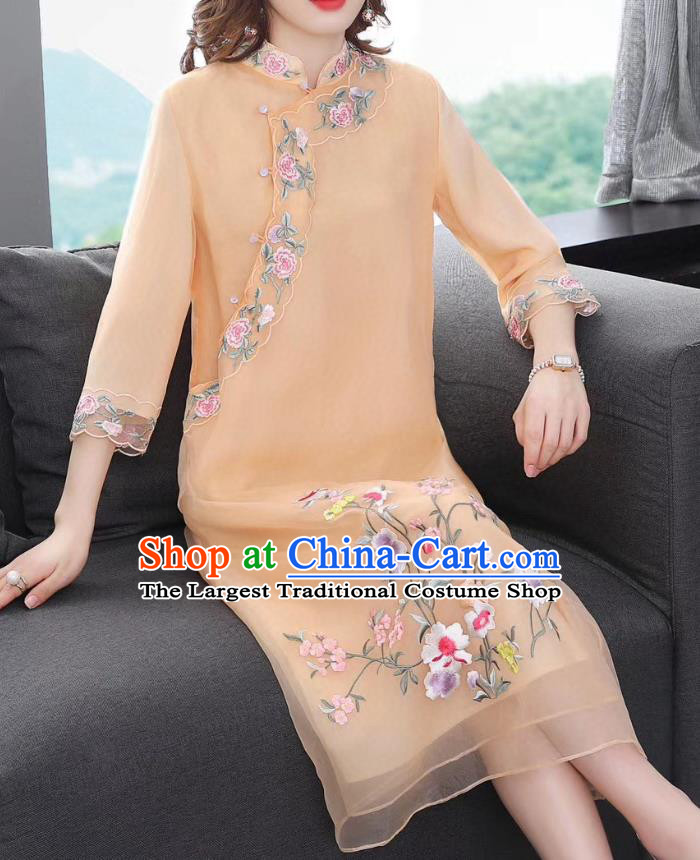 Chinese National Classical Embroidered Apricot Organza Qipao Dress Traditional Women Cheongsam Clothing