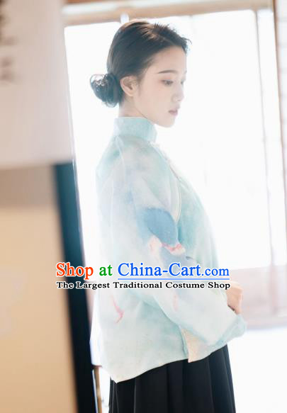 China Tang Suit Blouse Clothing Classical Printing Blue Organza Shirt Cheongsam Upper Outer Garment