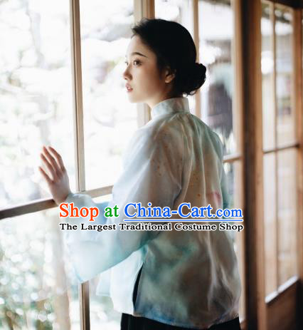 China Tang Suit Blouse Clothing Classical Printing Blue Organza Shirt Cheongsam Upper Outer Garment