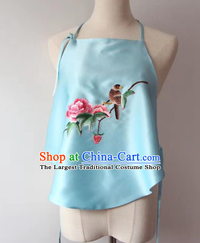 Chinese Embroidered Peony Bird Bellyband National Light Blue Silk Stomachers Tang Suit Women Underwear