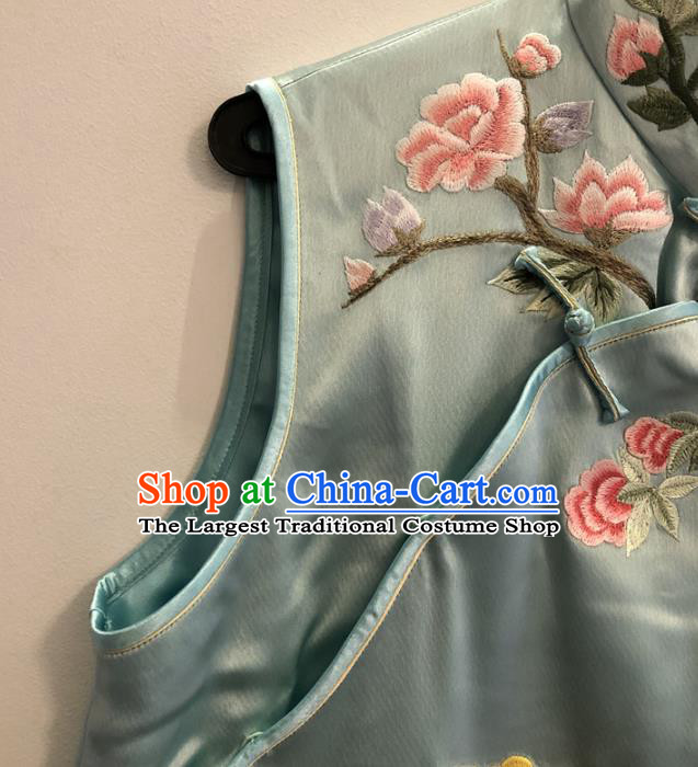 Chinese Embroidered Peony Vest National Women Clothing Tang Suit Upper Outer Garment Blue Silk Waistcoat