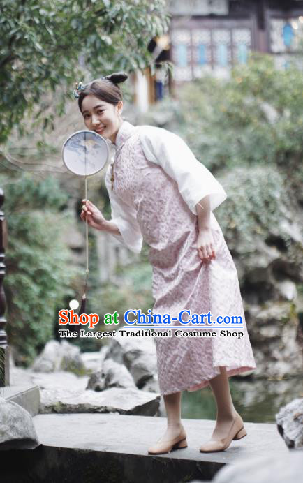 Republic of China Pink Vest Dress Shanghai Beauty Qipao Clothing Classical Winter Cheongsam