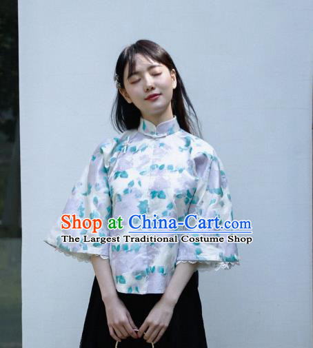 China Tang Suit Upper Outer Garment Cheongsam Wide Lace Sleeve Blouse Classical Printing Flowers Shirt
